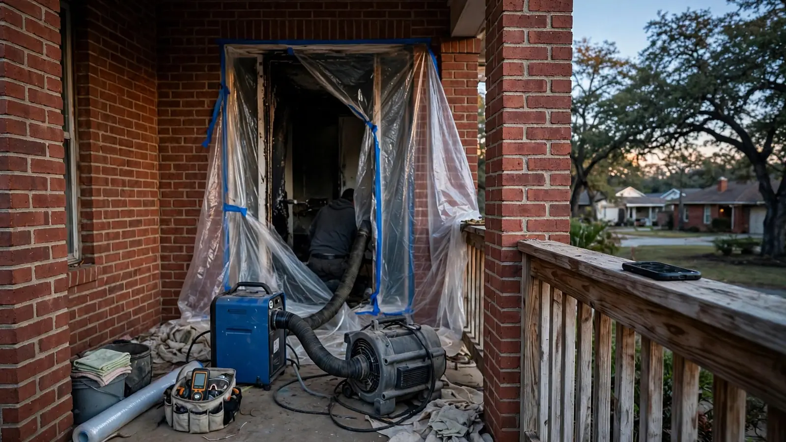Smoke-stained brick porch wrapped in plastic with drying equipment at the door