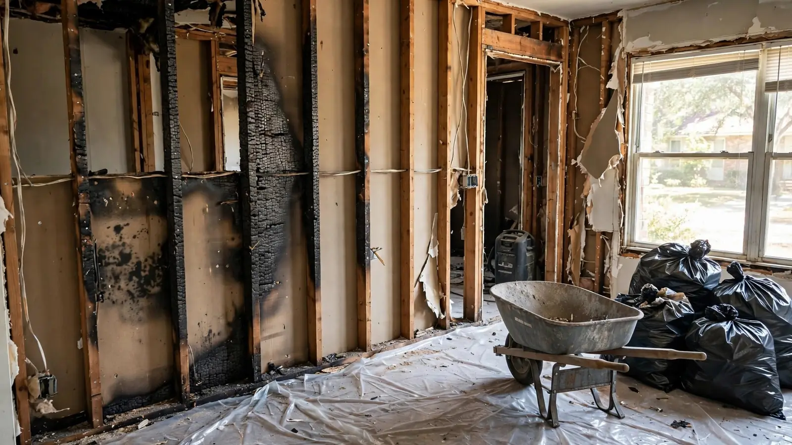 Room opened to darkened studs with a wheelbarrow and contractor bags
