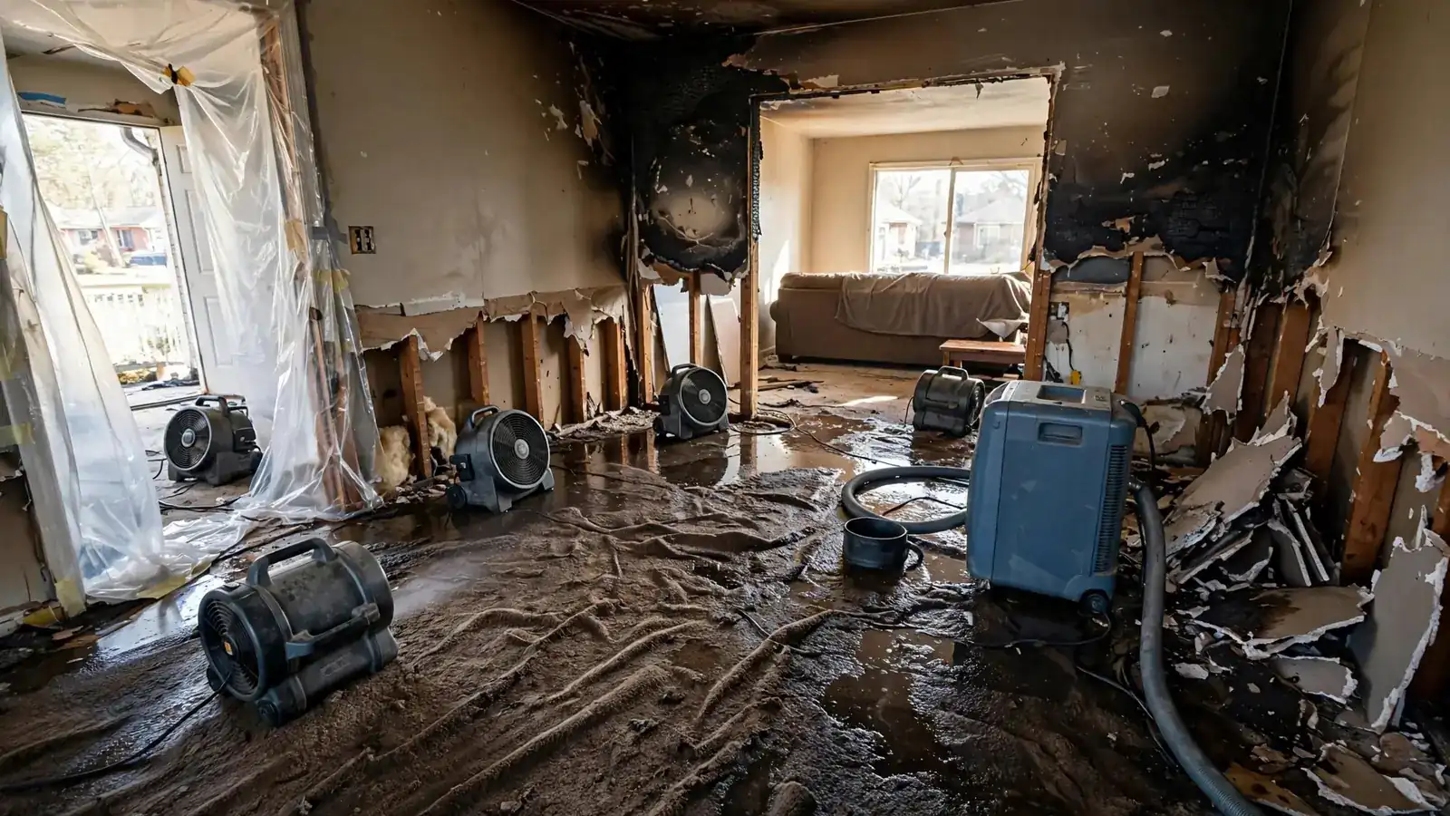 Fire-damaged room with wet floor, cut drywall and drying fans