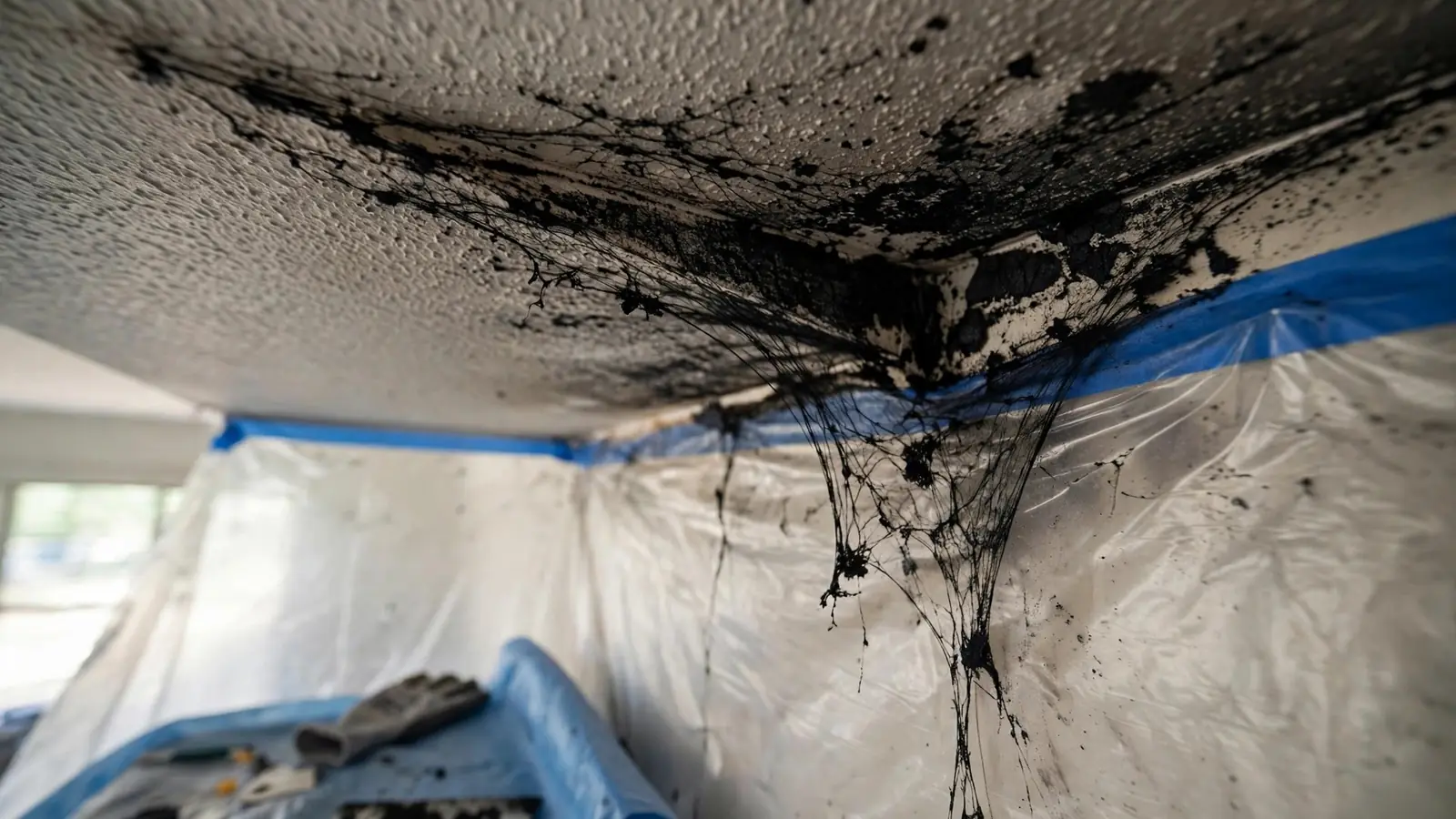 Black soot webs spreading across a textured ceiling corner